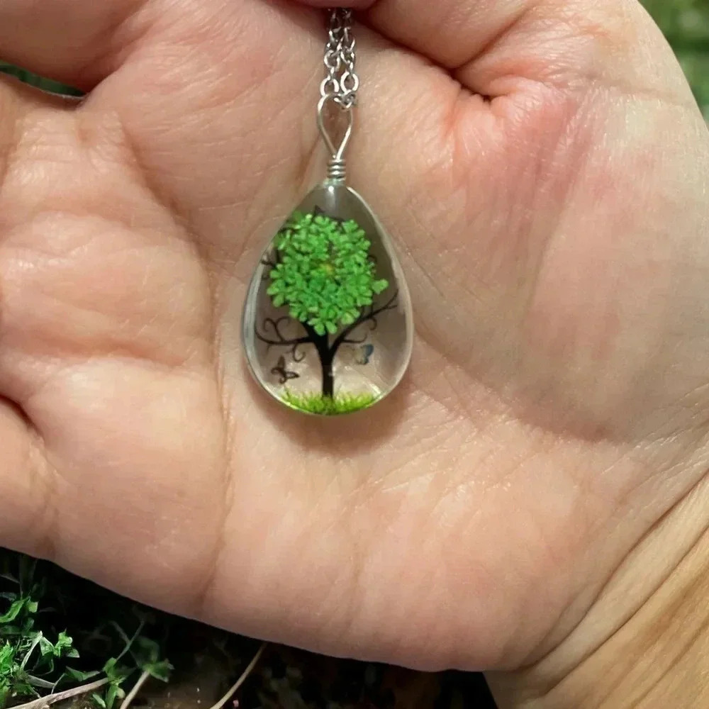 Resin Flower Pressed & Tree Tear Drop Pendant Charm Stainless Steel Necklace